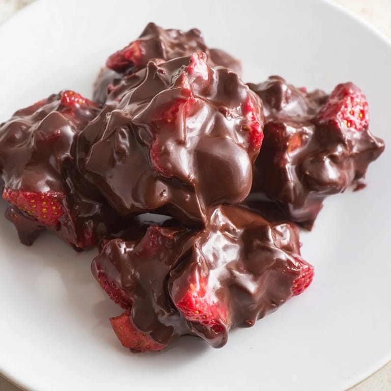Homemade strawberry yogurt clusters with a shiny chocolate shell, perfect for summer.