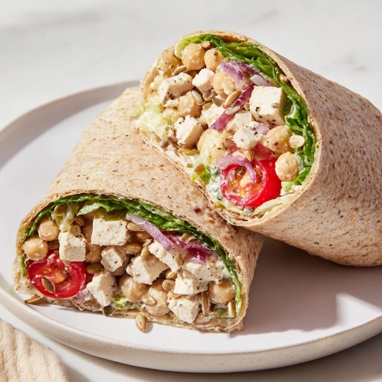 Close-up of a High-Protein Chicken-less Caesar Wrap, showing the vibrant veggie filling and rolled tortilla ready to eat.
