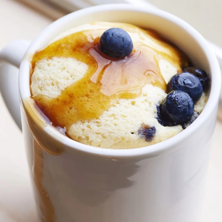 View of a single mug filled with light and fluffy Microwave Mug Pancakes, topped with berries.