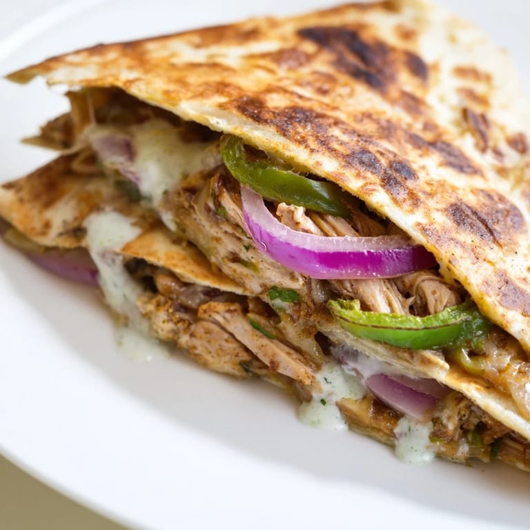Golden-brown Tandoori Chicken Quesadilla, showcasing a cross-section of flavorful Indian and Mexican fusion.