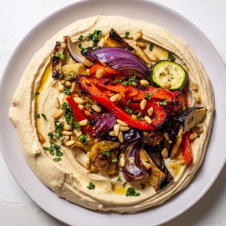 Beautiful photo of hummus roasted veggies, showcasing perfectly grilled eggplant and peppers.