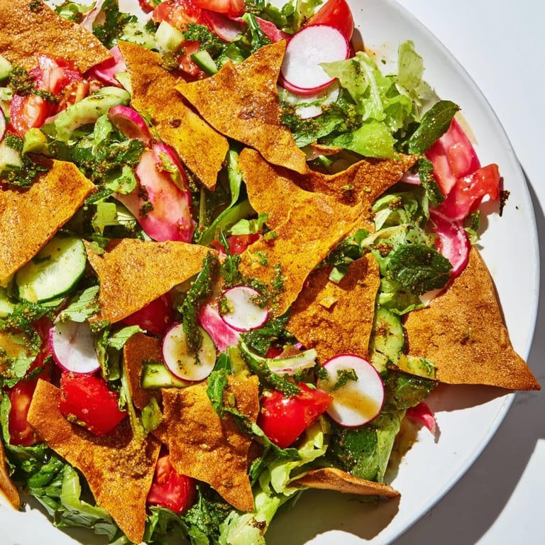 Imagine this flavorful Fattoush Crunch Salad: fresh vegetables tossed with crispy pita pieces and sumac.