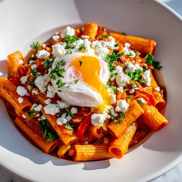 A close-up shot of golden-baked Shakshuka Pasta, creamy eggs, and a sprinkle of fresh green herbs on top.