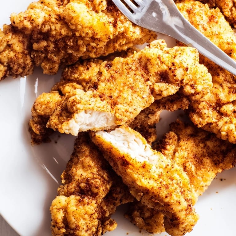 Savory crispy fried chicken tenders, golden and crunchy, ready to be served with honey mustard or ranch on the side.