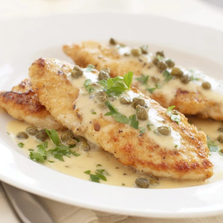 A serving of creamy chicken piccata on a white plate, featuring tender meat, bright capers, and rich sauce.  