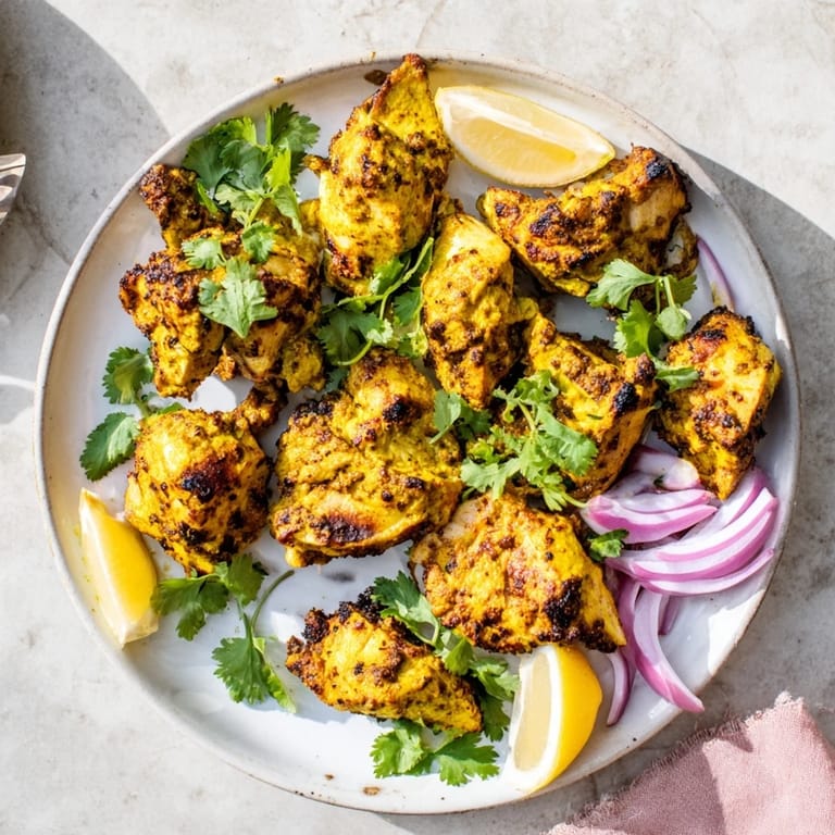 A close-up view of marinated Indian Tikka Spiced Chicken thighs, featuring aromatic tandoori spices and a vibrant, appetizing color.