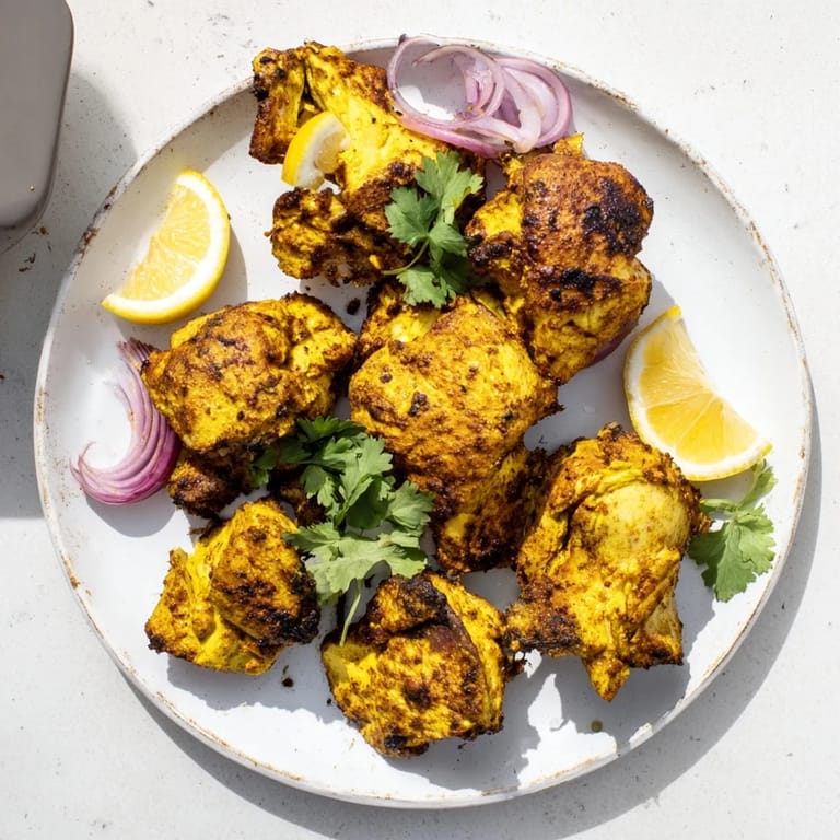 Sizzling Indian Tikka Spiced Chicken served hot on a platter with sliced red onions and a side of naan bread.