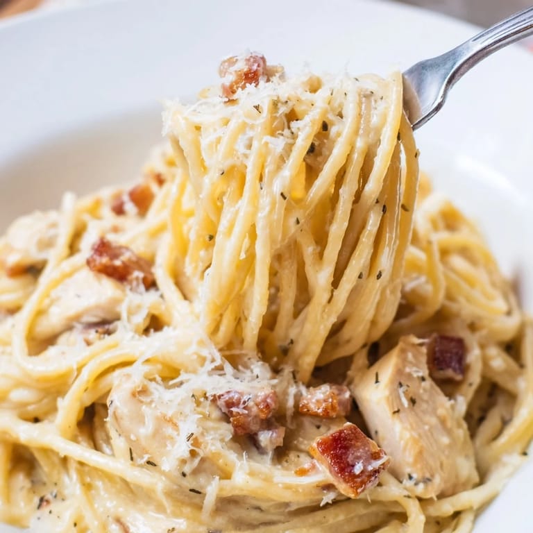 Shredded chicken and al dente spaghetti in a glossy egg-Parmesan sauce, topped with black pepper and parsley.