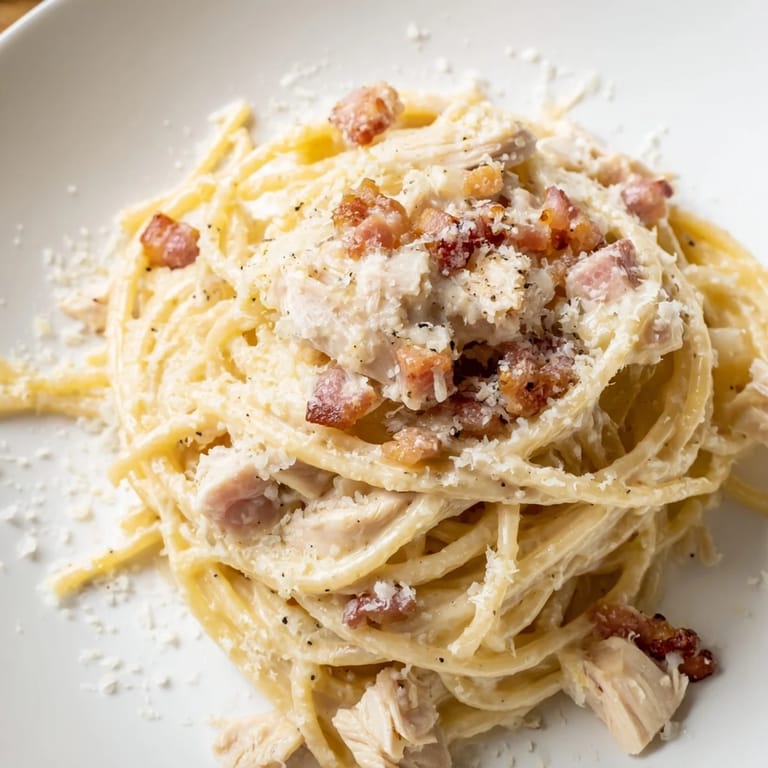 Italian-inspired Chicken Carbonara served warm, featuring golden bacon, tender chicken, and a rich, velvety sauce.