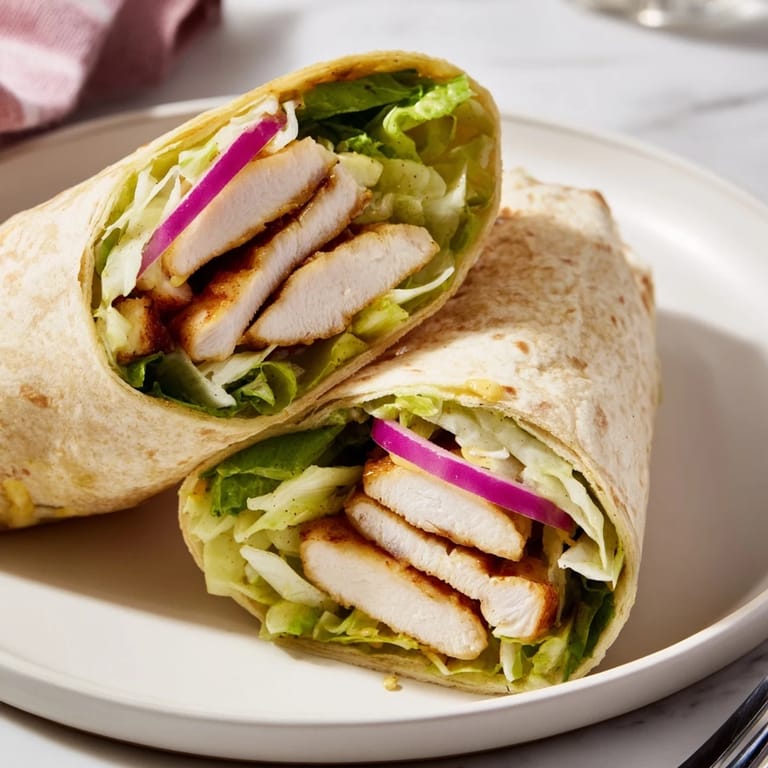 Close-up view of a freshly made Honey Mustard Chicken Wrap, cut diagonally to reveal layers of tender meat, fresh vegetables, and creamy sauce.