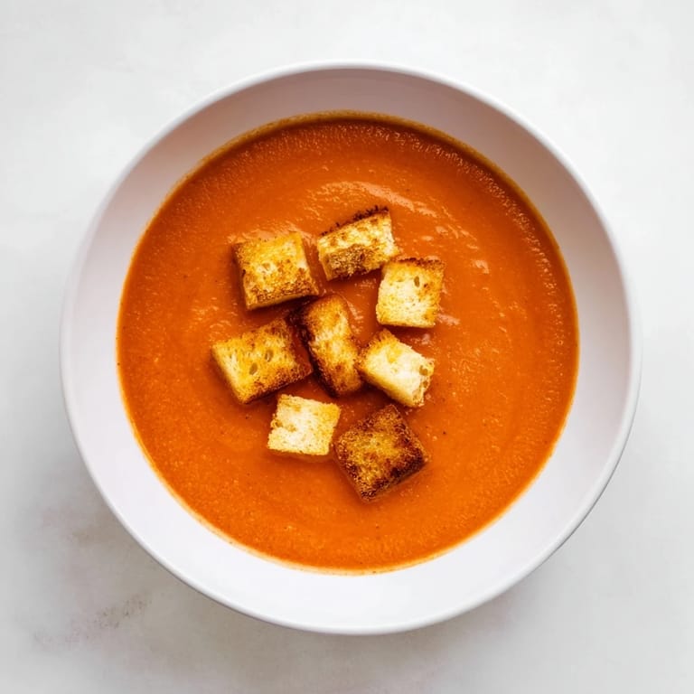 Roasted tomato soup with grilled cheese croutons served in a rustic bowl.
