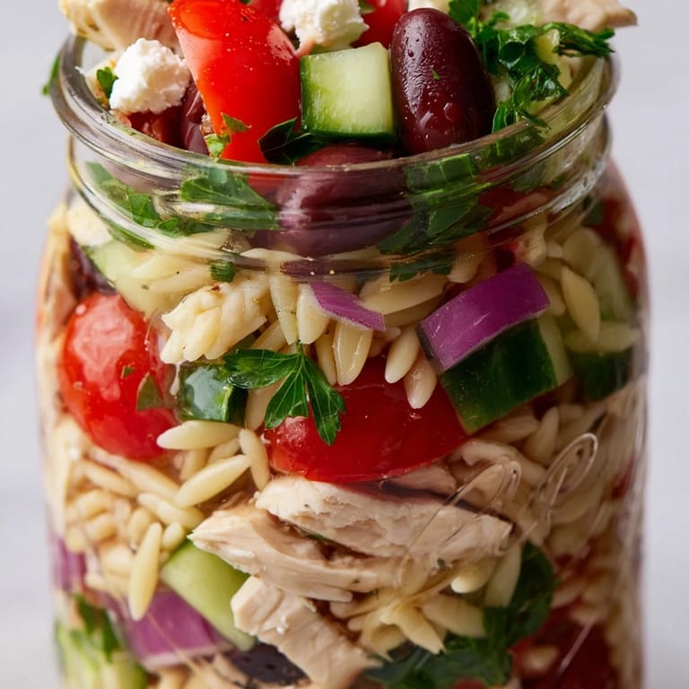 Sunlight highlights Greek Pasta Chicken Salad Jars topped with feta and olives, a vibrant grab-and-go dinner idea.