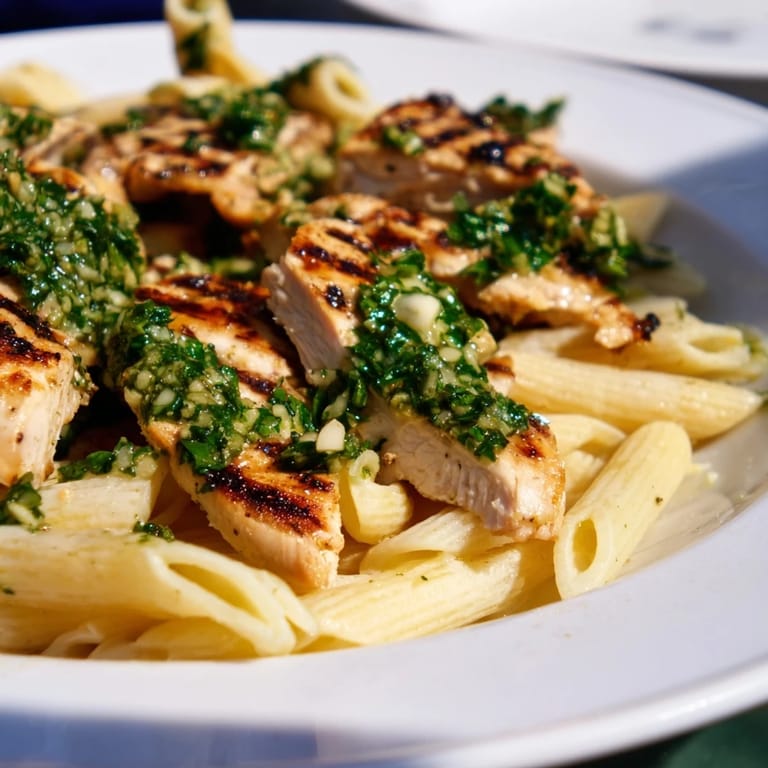Chimichurri Chicken Pasta features juicy grilled chicken, al dente pasta, and a bold, zesty chimichurri sauce in one dish.