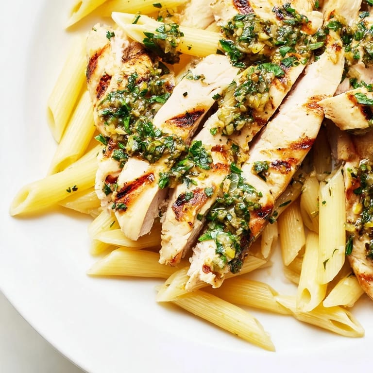 A close-up of Chimichurri Chicken Pasta showing succulent chicken, glossy sauce, and lemon wedges for a bright finish.