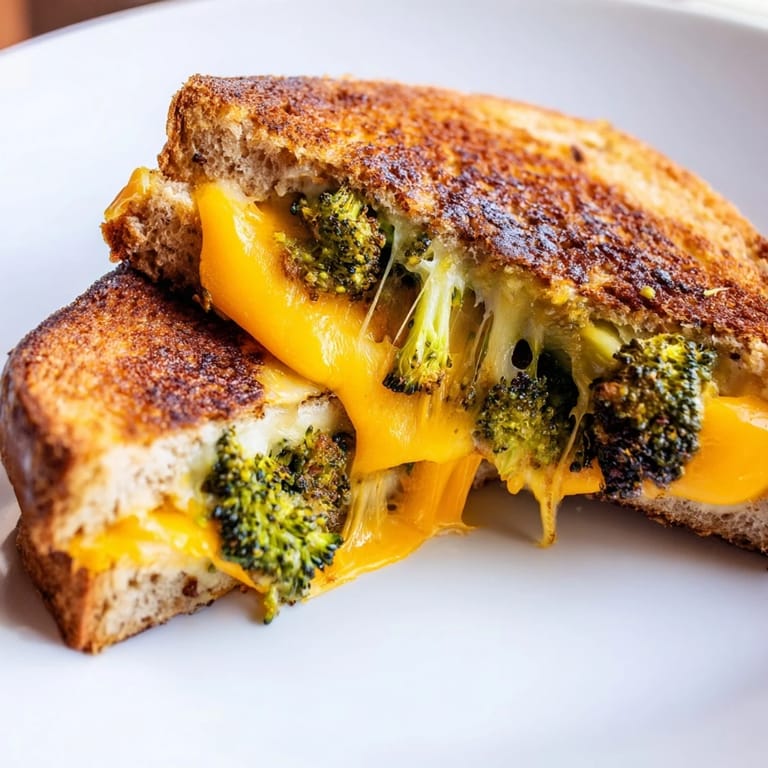 Roasted broccoli florets and sharp cheddar cheese stuffed between buttery toasted bread in this classic American grilled cheese.