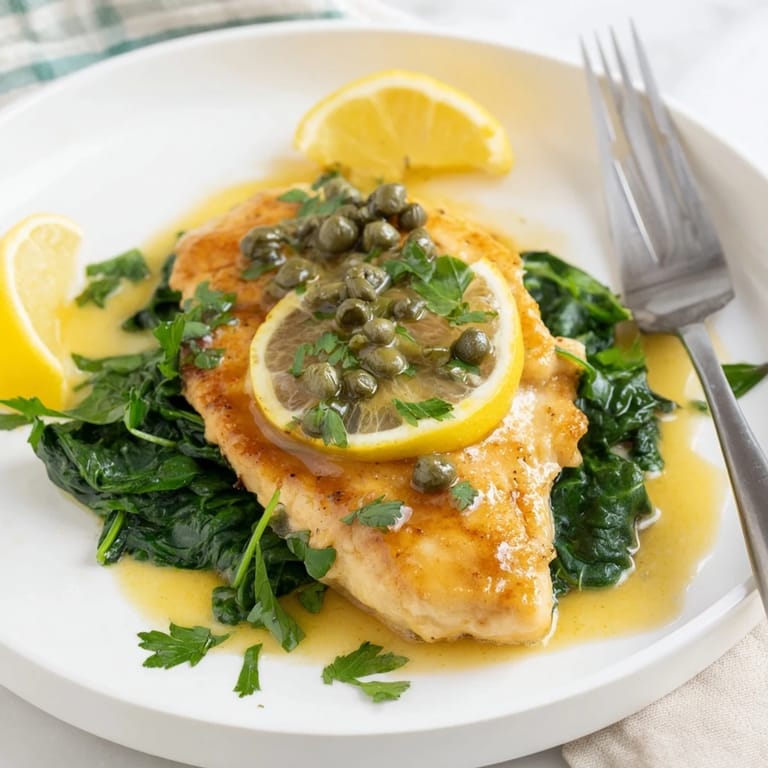 Juicy Spinach Lemon Butter Chicken with a silky lemon-butter sauce and wilted spinach, ready to be served alongside roasted potatoes or crusty bread.