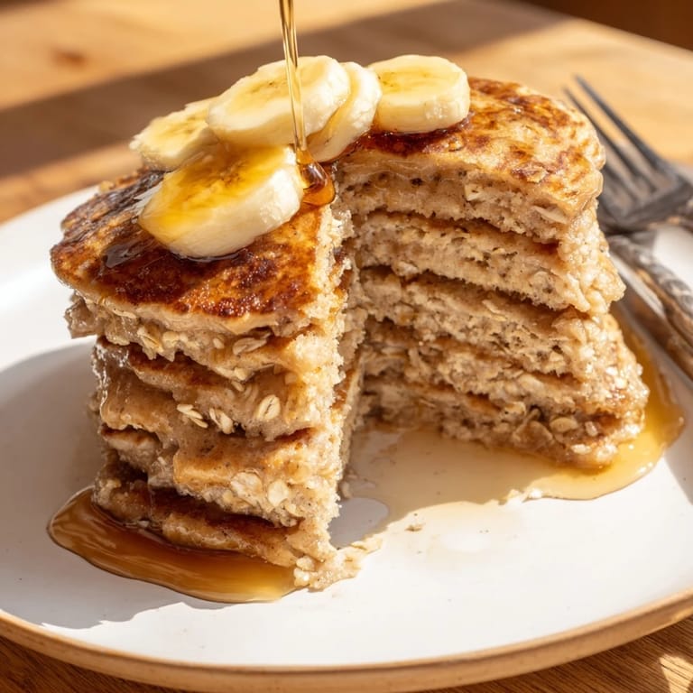 Golden-brown banana oat pancakes stacked high, served warm with a drizzle of honey and fresh berries.  