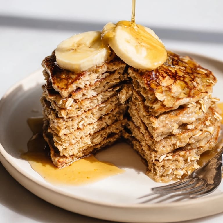 Healthy banana oat pancakes cooking on a skillet, showing a bubbly surface ready to be flipped.