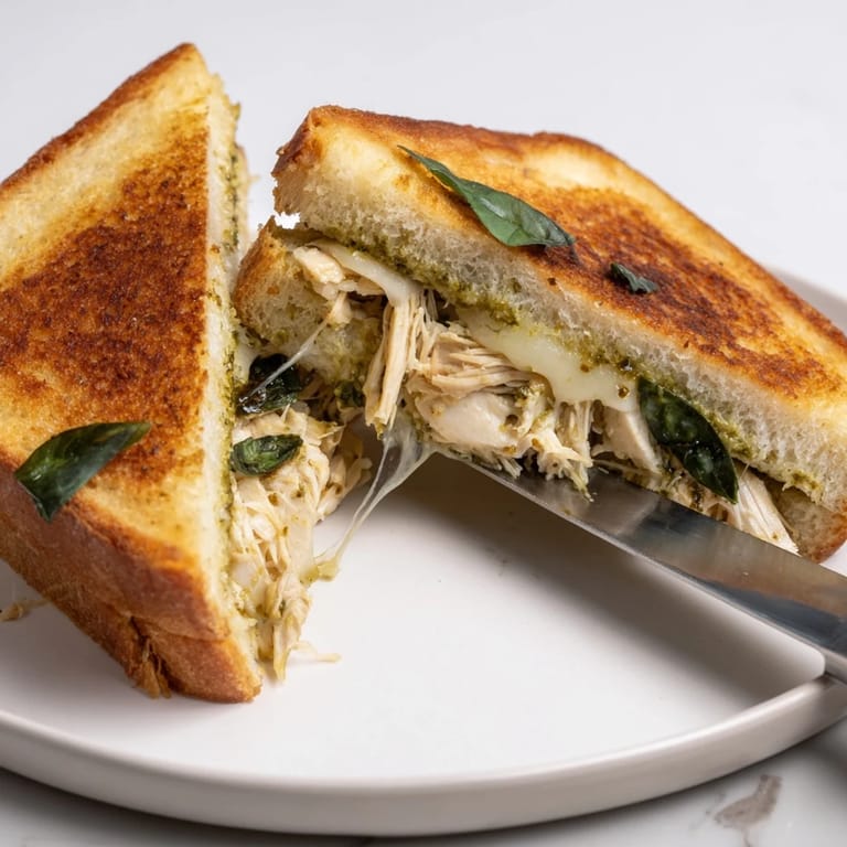 A golden-brown Mozzarella Pesto Chicken Grilled Cheese, served hot on a plate with a side salad and a glass of white wine.