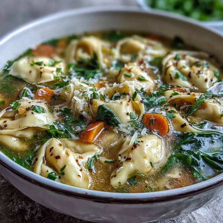 Steaming pot of Easy Tortellini Soup With Chicken Broth featuring sautéed carrots, spinach, and tender cheese tortellini.