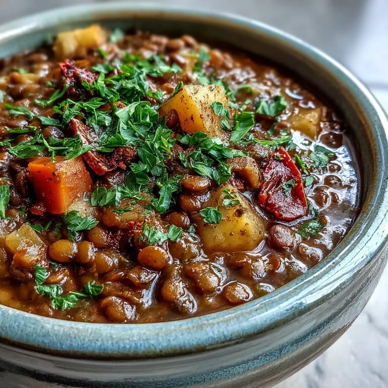 Hot ladle of Vegetarian Lentil Stew reveals tender lentils and kale, served in a cozy ceramic bowl for a nourishing meal.
