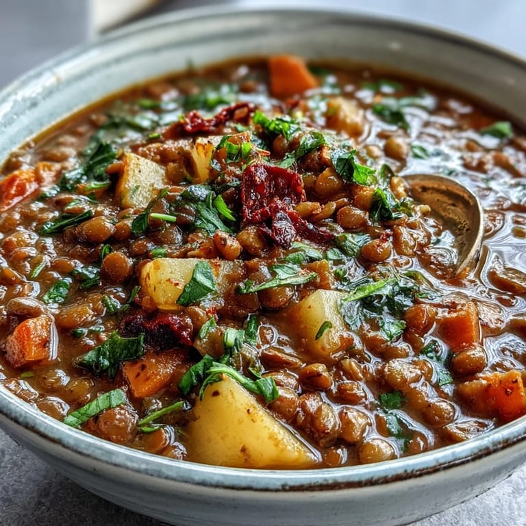 Steam rises from a hearty bowl of Vegetarian Lentil Stew, packed with carrots, potatoes, and vibrant red bell peppers.