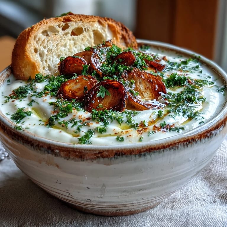 Homemade Roasted Garlic Soup simmering in a pot, featuring caramelized garlic cloves and a velvety texture.