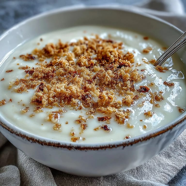 A rustic white bowl holds Celeriac Soup with Hazelnut Crumble, steaming beside crusty artisan bread.