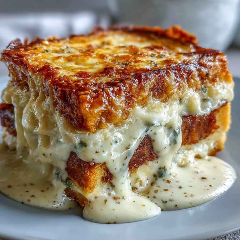 Freshly baked Croque Monsieur Casserole served from a baking dish with fresh salad.