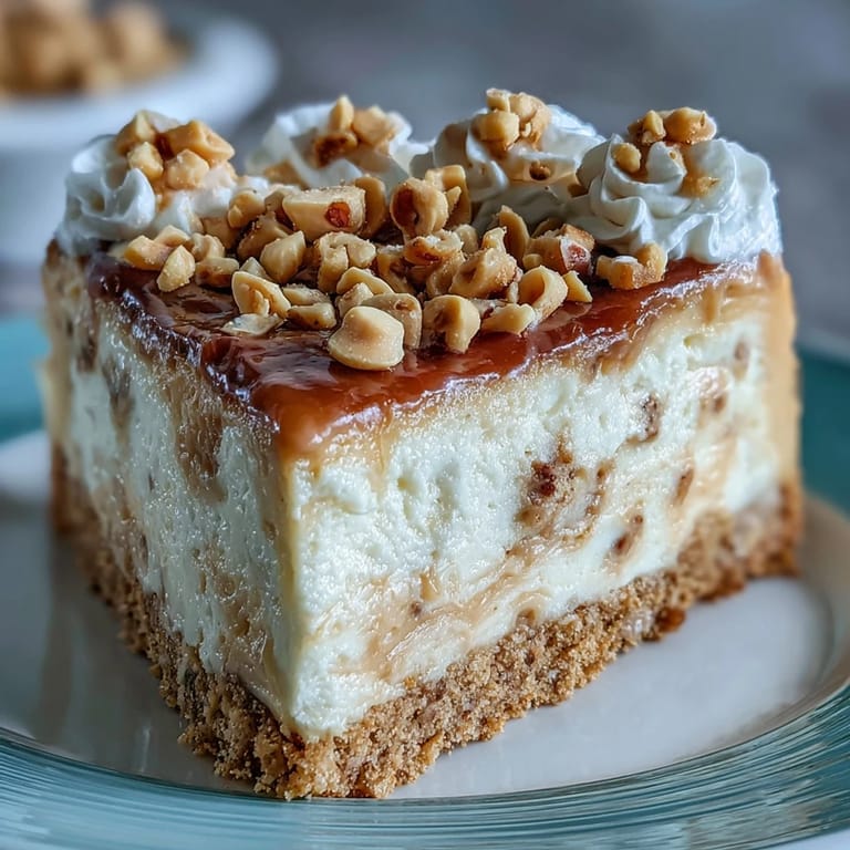 This image shows the layered Nutter Butter cheesecake with a golden cookie crust and creamy peanut butter swirl filling.  