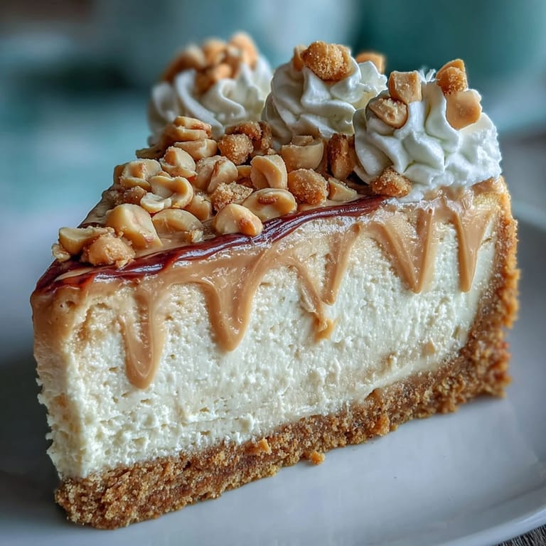 A generous slice of Nutter Butter cheesecake with a fluffy whipped cream dollop and peanut garnish sits on a rustic board.