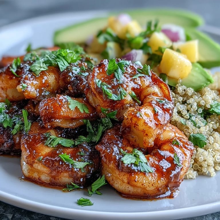 Bright mango salsa and nutty quinoa top these Fresh Shrimp and Creamy Avocado Bowls with Zesty Mango Salsa and Lime Chili Sauce, garnished with lime wedges.