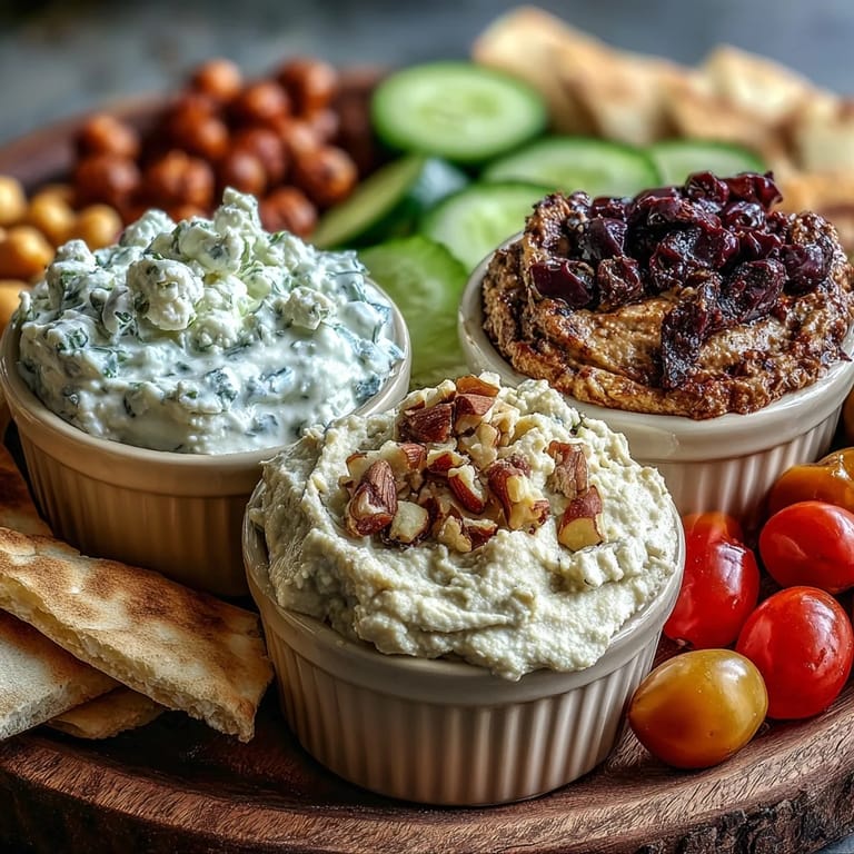 A vibrant Mediterranean Brunch Board with Dips and Flatbreads offers an appetizing spread of creamy dips, fresh vegetables, and crunchy nuts.