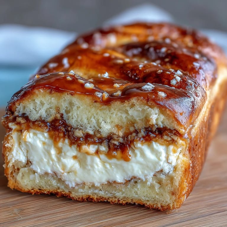 Warm slices of Caramel Cream Cheese Bread served on a wooden board, perfect for a sweet breakfast or dessert.