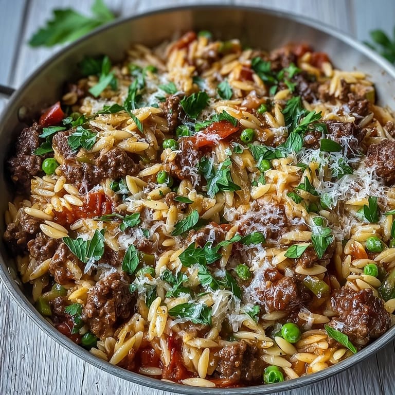 Serving suggestion of Comforting Ground Beef Orzo Dinner on a plate, garnished with parsley alongside a dinner roll.