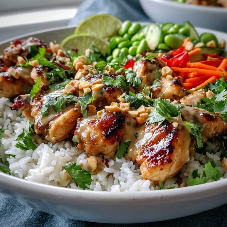 Close-up of a colorful Thai Peanut Chicken Bowl, featuring tender chicken and crunchy veggies coated in rich peanut sauce.