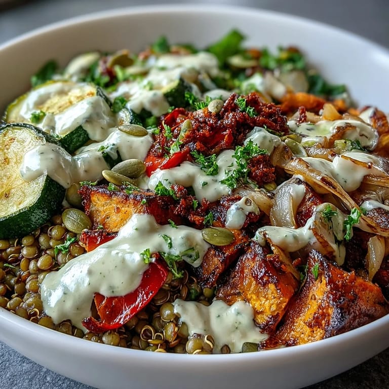 Colorful roasted zucchini, bell pepper, and red onion top warm lentils in a nourishing Lentil Power Bowl.