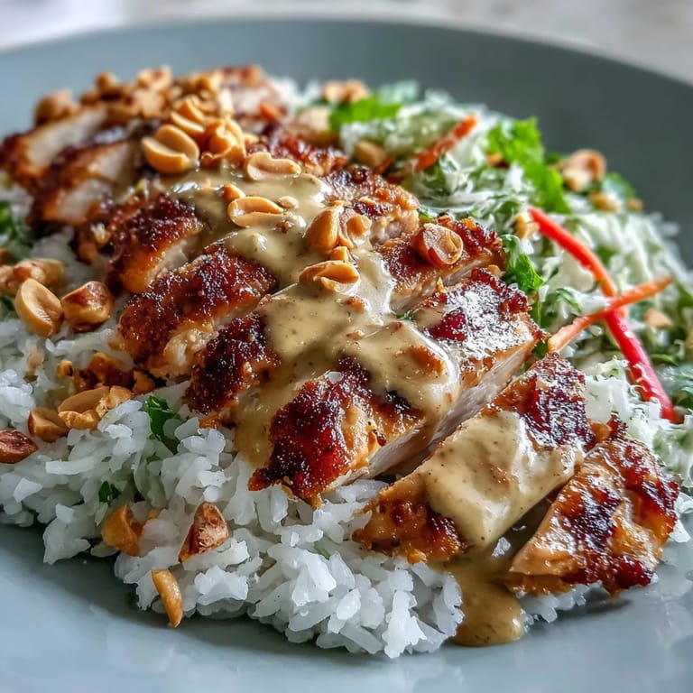 A close-up of the vibrant Coconut Rice Peanut Bowl, showing juicy chicken slices, fresh edamame, and chopped peanuts over steaming coconut rice.