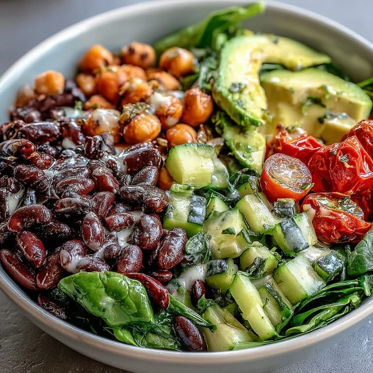 A spoonful of the hearty Three-Bean Power Bowl shows off black beans, chickpeas, and a zesty lemon dressing.