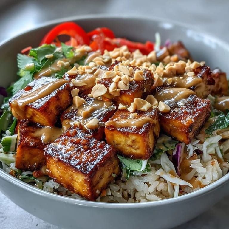 Close-up view of a vibrant Peanut Tofu Power Bowl with golden tofu, edamame, shredded purple cabbage, and a drizzle of savory peanut dressing.