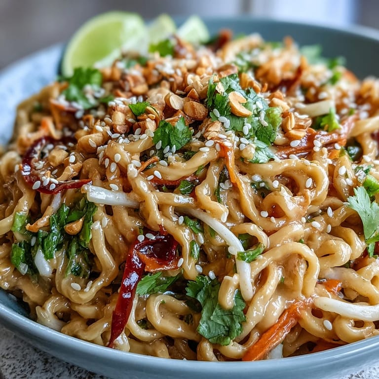 A vibrant Asian Peanut Noodle Bowl garnished with fresh cilantro and chopped peanuts for crunch.