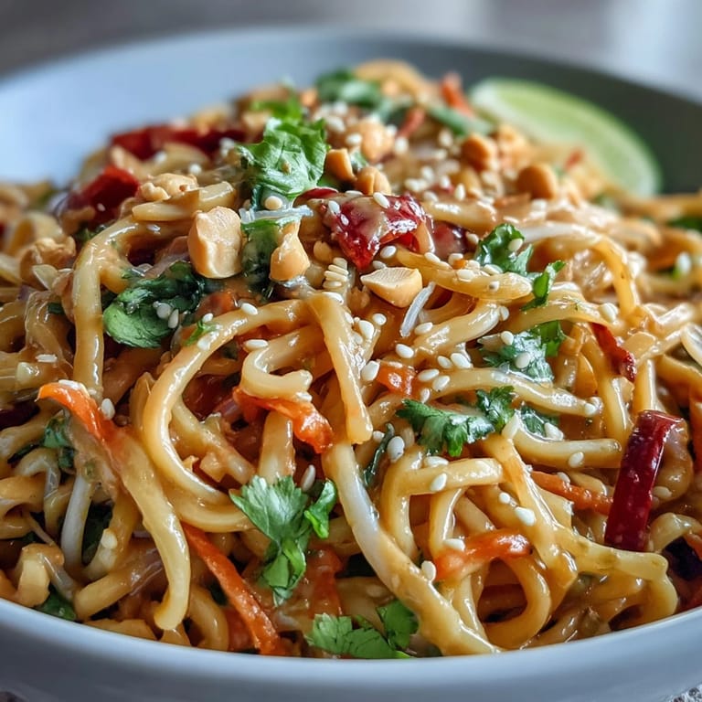 A nourishing Asian Peanut Noodle Bowl tossed with crisp veggies and creamy peanut dressing.