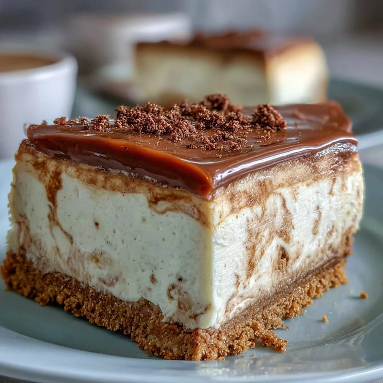Rich, creamy Hojicha Cheesecake with a beautiful marbled swirl pattern and buttery crust is presented on a rustic wooden table next to a ceramic teacup.