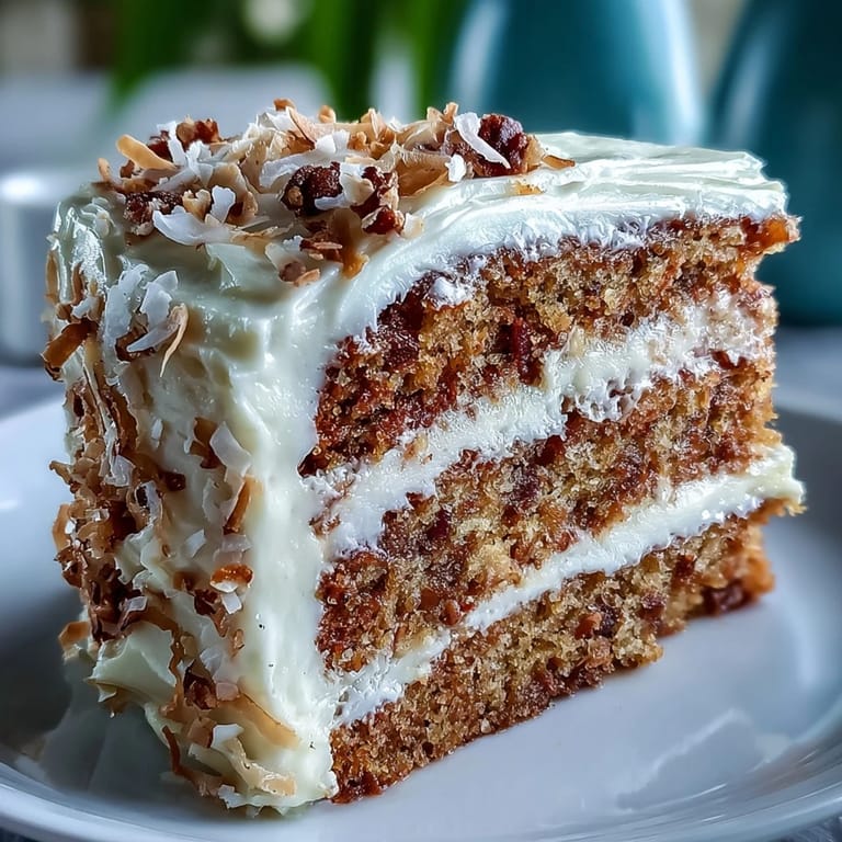 A plated slice of Christmas Hawaiian Carrot Pineapple Cake showcases tender crumb with pineapple and carrot flecks, drizzled with cream cheese frosting for a tropical dessert.