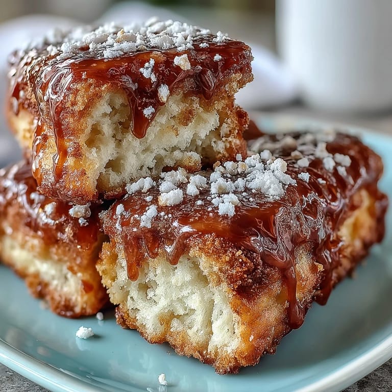 A close-up of fluffy Maple Donut Bars topped with rich maple icing, ready to be sliced for a brunch spread.