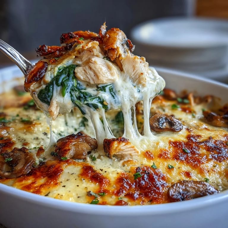 Sliced chicken breast sits on a bed of wilted spinach and sautéed mushrooms in the casserole.