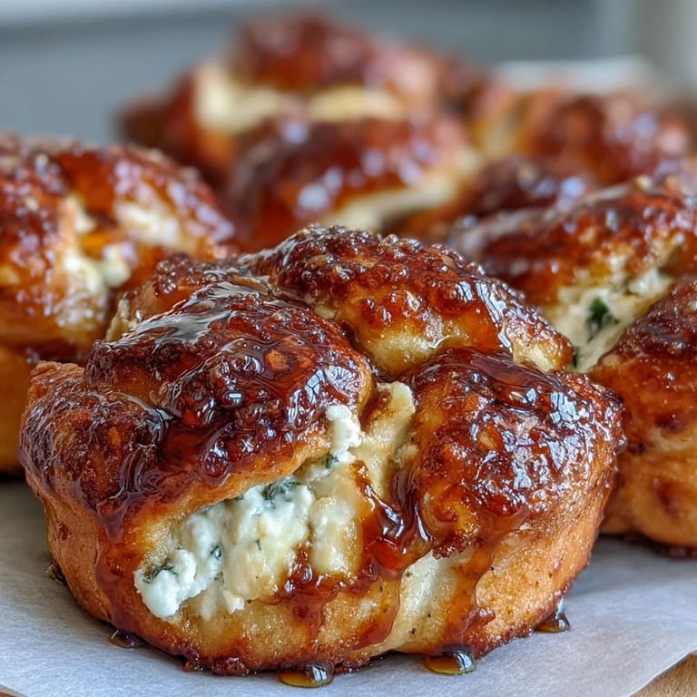 Close-up of Hot Honey Ricotta Stuffed Garlic Knots with melted butter, garlic, and ricotta filling.
