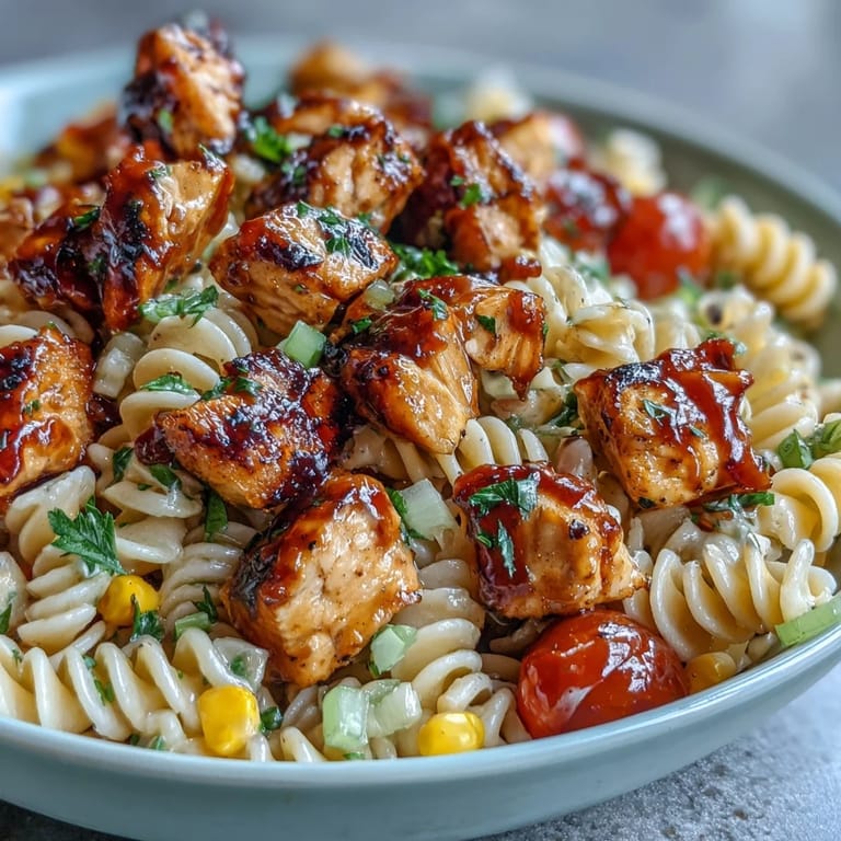 A hearty portion of Honey BBQ Chicken Pasta Salad featuring tender rotini, smoky BBQ, and bright red pepper.