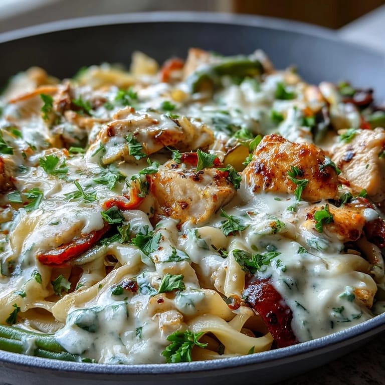 Comforting Creamy Ranch Turkey & Veggie Skillet ready to eat, garnished with parsley and plated beside a glass of white wine.