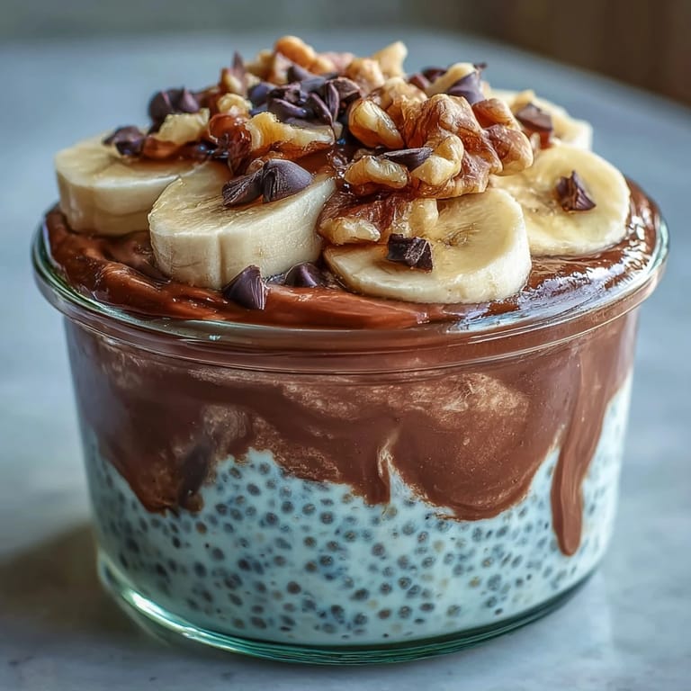 Creamy peanut butter and banana slices top the glass jar of Chunky Monkey Chia Pudding.